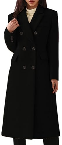 Generic Casual Long Double-Breasted Solid Wool Coat with Pockets for Women in Black, black, L