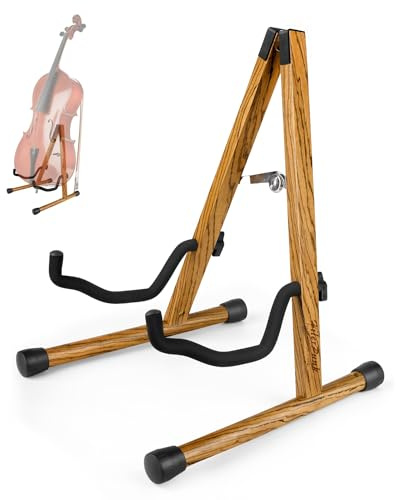 HilerPunk Support pour violoncelle avec porte-archet, support en bois en A avec pied rembourré en mousse – Support artisanal pour violoncelles 1/2, 3/4, 7/8, 4/4 (taille complète) et guitares (bois de