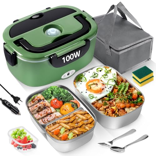 MULBEVD Electric Lunch Box Food Heater 100W, 3-in-1 Fast Heating Adult Lunch Box, 2 Removable 304 Stainless Steel Food Containers, 12V/24V/220V for Car, Truck & Office (Green, 1.5L)