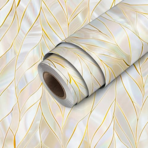 HOMETITUTE Pearl Leaf Wallpaper Peel and Stick Gold Marble Contact Paper Wall Paper Stick 17.7 x 118.1 Removable Self Adhesive Vinyl Wall Covering for Entryway Vanity Accent Wall Decor