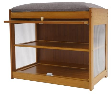 CHFUNE Banc à chaussures avec banc, étagère à chaussures à 2 niveaux en bambou, 44 x 50 x 32 cm, stable, idéale pour couloir, entrée, salle de bain, salon, couloir, marron foncé