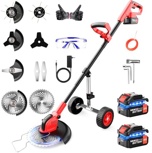 Lacoco 4-EN-1 Débroussailleuse Électrique sans Fil avec Batterie 2*3.0AH 21V Debroussailleuse à Roues Coupe Bordure à Gazon Pliable 4 Type de Lames Coupe-Herbe pour Jardin Pelouses et Terres Agricoles