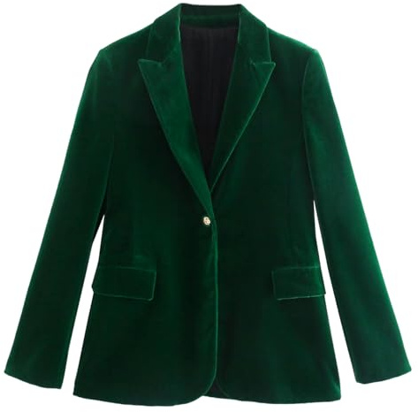 R.Vivimos Velvet Blazers for Women 2026 Fall Winter Casual Long Sleeve Front Button Warm Jackets Coat with Pockets (Small, Dark Green)