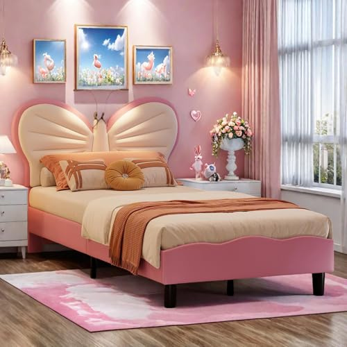 Lit Enfant 90x200 cm, Lit 1 Place avec Tête de Lit Réglable en Forme de Papillon et Bande Lumineuse LED, Lits Enfant avec Sommier à Lattes pour Fille, sans Matelas, Velours (Rose+Blanc, 90x200 cm)