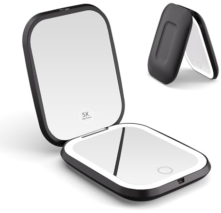 WOBSION Compact Mirror with Light, 1X & 5X Magnification Travel Makeup Mirror for Handbag, USB-C Rechargeable Mirrors for Purse, Pocket, Dimmable LED, Portable, Gift for Women, Black