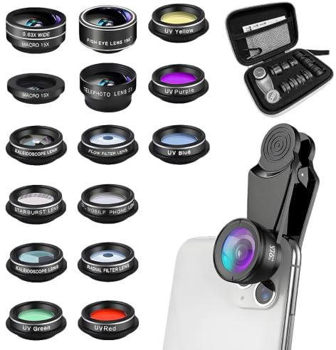 SKJJM Kit de Lentes para cámara de teléfono 15 en 1, HD Ojo de pez 198°, Gran Angular 0.63X, Macro 15X, Caleidoscopio, CPL/Flujo/Estrella/Radial, Filtro Teléfono Clip para iPhone y Smartphones