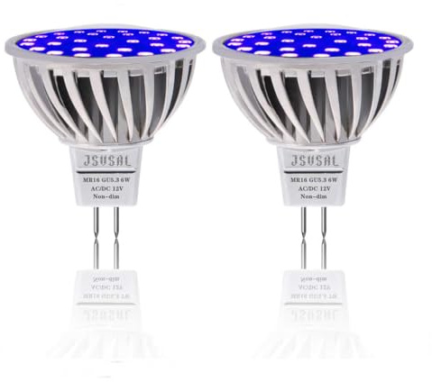 JSVSAL LED Black Lights Bulb 6W Blacklight MR16 GU5.3 Bi-Pin,AC/DC12V, UVA Level 395-400nm,Glow in The Dark for Blacklights Party,Body Paint,Fluorescent Poster,Non-Dimmable (2-Pack)