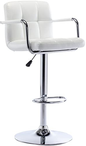 Vogue Furniture Direct Modern PU Leather Square Bar Stool, Adjustable Swivel Barstool with Back and Arms, Airlift Counter Height Chair for Kitchen Dining Pub Cafe, 1 Chair (Pearl White)