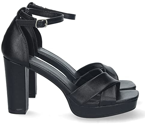 shoes&blues.es 71259 Sandalia de Tacon Alto para Mujer, Comodo, Palas Cruzadas, y Cierre Ankle Strap con Hebilla, Primavera Verano 2023 Negro Talla 39