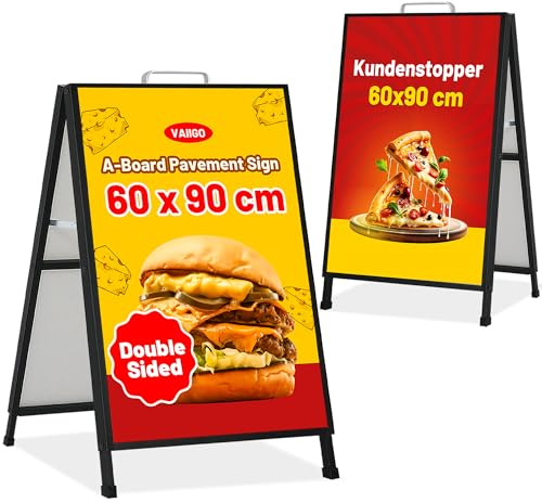 VAIIGO A-Board Pavement Sign Frame 60 x 90 cm, Double Sided A-Frame Pavement Sign Board, Poster Signs Holder Display Stand With Handle and 2 Corrugated Boards for Business, Restaurant, Advertising