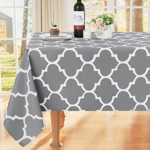 smiry Tischdecke Abwaschbar Rechteckig 140x140cm Tischtuch Polyester Wasserabweisend Lotuseffekt Marokkanisch Tischwäsche Schmutzabweisend Abwischbare Tafeldecke für Outdoor Party Küche,Grau