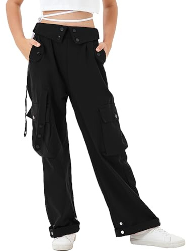 Rolanko Ragazze Pantaloni Cargo, Vita Alta Elastica con Tasche Multiple e Pantaloni a Gamba Larga per Bambini, Nero, Taglia:160