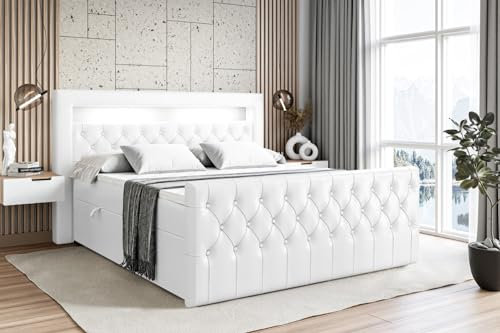 ALTDECOR Boxspringbett mit Matratze und Lattenrost, LED Boxbett, Topper, Fußteil, Polsterbett mit Bettkasten, Bett mit Stauraum H3-Matratze, Doppelbett - Aurora - 160x200 Weiß Kunstleder