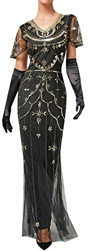 KBOPLEMQ Charleston Costume Women's Gatsby Dress 1920s Dress Sequin Dresses Short Fringe Sleeves Round Neck Flapper Dress Great Gatsby Dress Women Cocktail Party Fancy Dress Costume