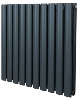 Radiatore a colonna ovale 600 mm x 600 mm Designer Doppio pannello Termosifone Grigio antracite Acciaio Inclusi Spazzola per la pulizia Kit di fissaggio e staffe