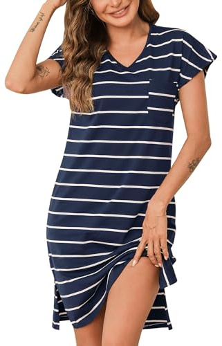 Jahetuul Chemise de Nuit Femme à Rayures Vêtements de Nuit T-Shirt à Manches Raglan Courtes Coton avec Design à Fentes