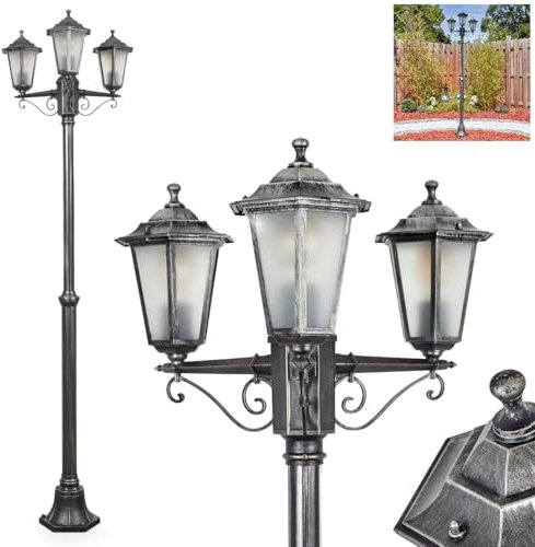 Kandelaber Loria, Außenwegeleuchte aus Metall/Glas in Schwarz/Silber/Milchglas, klare Wechselscheiben, Leuchte im Antik/Vintage-Design für Garten/Terrasse/Hof, 200 cm, 3x E27, ohne Leuchtmittel, IP44