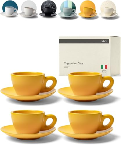 KIVY Cappuccino Mug Set [4 x 240ml] - Thick Stoneware Barista Mugs - Handmade - Yellow Orange