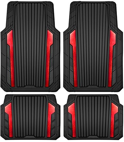 CAR PASS Heavy Duty Rubber Car Mats Metallic, Aluminum Film All Weather Floor Mats Waterproof Universal Trim to Fit Automotive SUV Sedan Van 4 Piece Anodized Deep Dish Two-Tone Sporty Black Red Chrome
