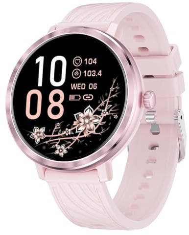 Smart klocka för kvinnor med samtal, 1,19 tum AMOLED Smartwatch för kvinnor, 100+ sportlägen, sömnklocka för pulsmätare, IP68, fitnessspårare, för Android, iOS, rund, rosa