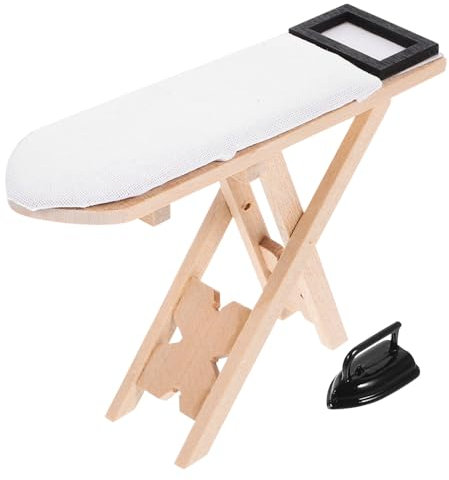 NUOBESTY Miniature Ironing Board Set for Dollhouses - Wooden Iron Table and Black Iron Creative Desktop Decoration for Kids Dollhouse Decorations