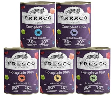 FRESCO Dog Nassbarf Complete Plus PROBIERPAKET 5x800g I fleischiges Nassfutter für Hunde in Barf Qualität I aus 100% frischem Fleisch, Innereien, Obst und Gemüse | Hundefutter ohne künstliche Zusätze