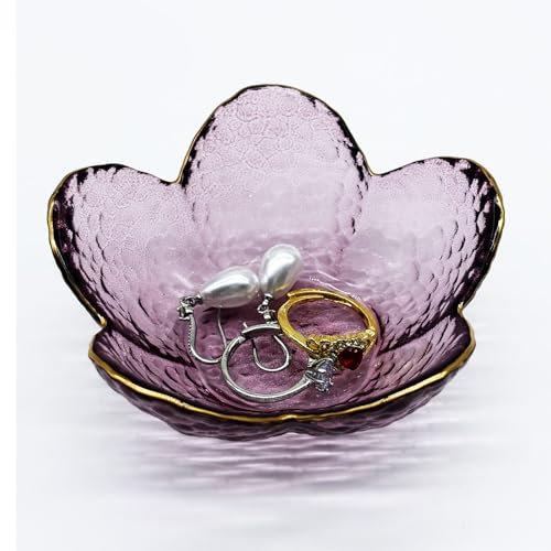 BESSKON Purple Flower Ring Dish, Small Glass Jewelry Dish Tray, Ring Holder Jewlery Tray Trinket Dish, Bathroom Nightstand Decor Jewelry Bowl Christmas Friendship Birthday Gifts for Women, Soap Dish