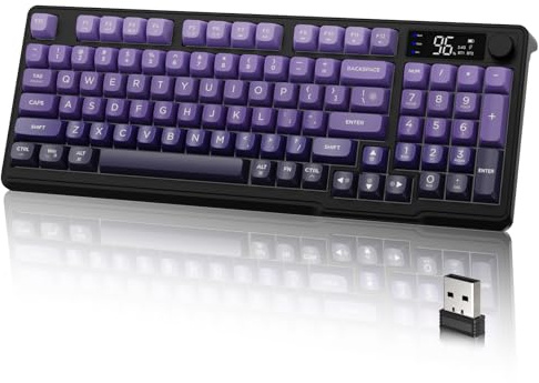 LexonElec M96 Tastiera da Gioco Wireless, Dual Mode-2.4G e BT5.0, Tastiera Semi-meccanica Membrana al 90% con Display e Knob, Copritasto Sfumati PBT 94 Tasti, Rainbow Backlit, 3000mAh - Viola