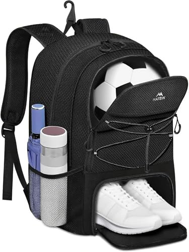 MATEIN Fussball Rucksack mit Schuhfach, Groß Sportrucksack Herren mit Zaunhaken, Basketball Rucksack Wasserdicht, Leichtgewicht Fußballtasche mit 15,6 Zoll Laptop Fach für Volleyball, Fußball, Schwarz