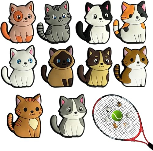 INSYOHO 10-Pack Tennis Dampener - Unique Cat Designs Tennis Racket Dampener, Silicone Shock Absorber Vibration Dampeners for Enhanced Control, Comfort & Grip Protection for Players