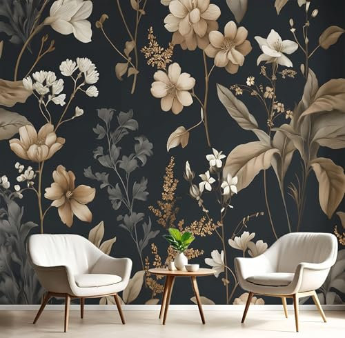 Plantas Clásicas Papel Tapiz Fotográfico Efecto 3D, Jardín Barroco Papel Pintado Gris Carbón Fotografía Mural, 350X256Cm Pared Pintado Fotomural Dormitorio Sala Mural Decoración