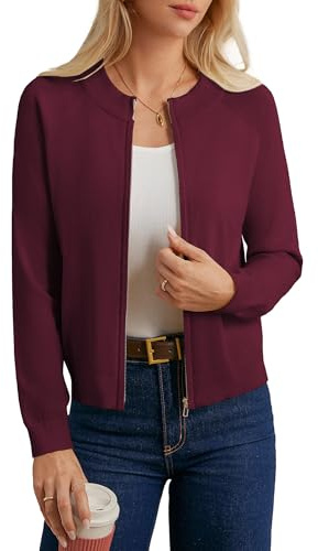 GRACE KARIN Ladies Smart Casual Work Office Cardigan Jackets Crew Neck Ribbed Sweater for Vacation Weekend Dark Red L
