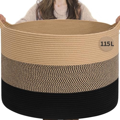 TIMEYARD XXXLarge Cotton Rope Basket, Woven Baby laundry Blanket Basket for Living Room Decor, Toy Storage Baskets for Kids Boys Girls, 60x40cm, Camel Mix & Black