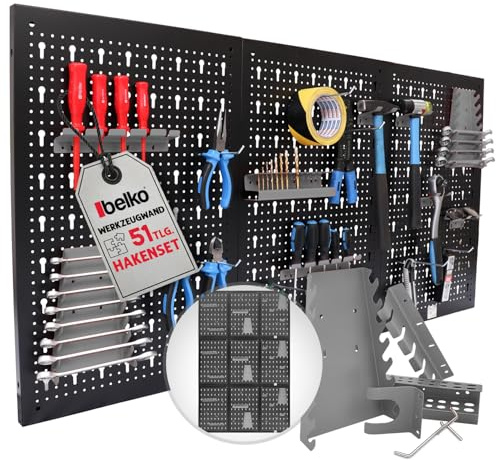 Belko® Ensemble de tableau à outils Gris Lot de 3 | chaque 120x60 cm (combinable en 360x60 cm, 120x180 cm ou 180x120 cm) | incl. Set de crochets et étagères 51 pièces | Tableau à outils en métal