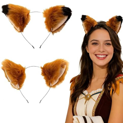 WaaRiuQ 2 Pcs Furry Head Fox Ears Headband, Animal Ears for Cosplay and Halloween, Yellow and Black Fox Hat with Adjustable Fit, Soft Furry Costume Accessory for Themed Events