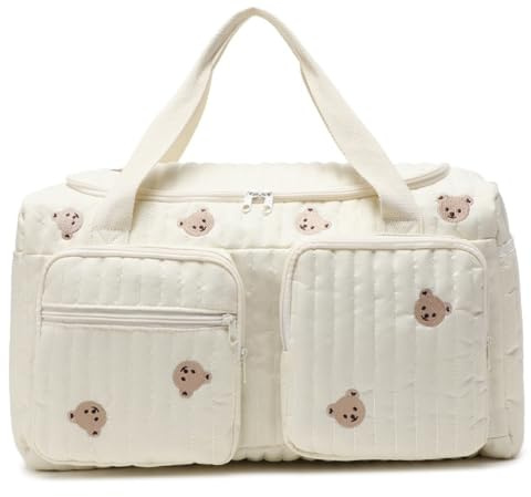 Peosaard Baby sjukhusväska, quiltad blöjväska stor kapacitet nallebjörn mönster söt duffel bärbar och lätt för sjukhus och helgresor, 48 x 22 x 25 cm, quiltad duffel