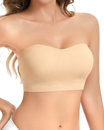 Cavotor Strapless Push Up Bra for Women Bandeau Bra Padded Stay Up Non-Slip Silicone Supportive Strapless Bras for Bigger Bust Non Wired Comfort Bralette (Back Hook-Beige,XS)