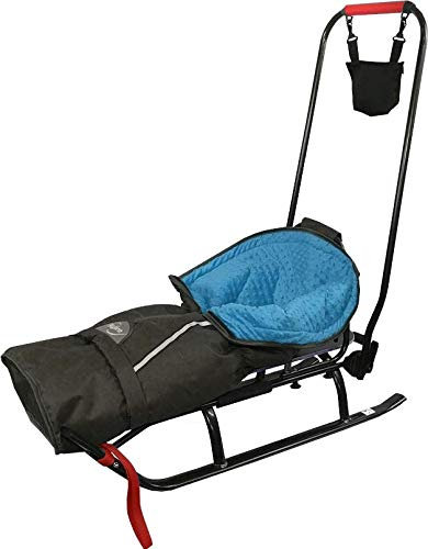 Skyline Slitta 3 in 1 per Bambini con Schienale, Sacco a Pelo Invernale in Velluto, Maniglia e Cinghia in Alluminio, Graphite/Black&Blue