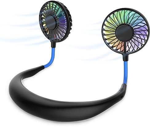 Ventilatore da Collo, Ventilatore Portatile da Collo, Mini ventilatore USB Ricaricabile Mani Libere, Ventilatore da Tavolo con 3 velocità e Luci LED per Ufficio, Casa, Aria Aperta Viaggi Sport
