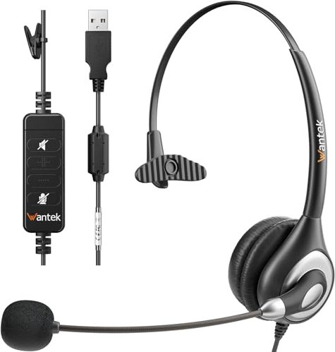 Wantek Auriculares USB con micrófono con cancelación de Ruido y Controles de Audio, Auriculares de PC de Negocios para computadora portátil, Chat Claro, súper Ligero (Monaural)