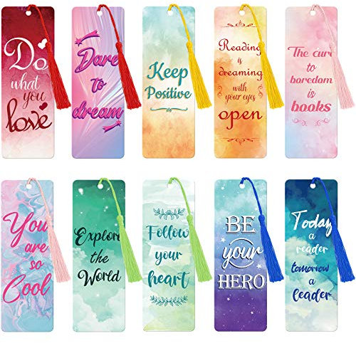 20 Pieces Inspirational Quote Bookmark with Tassel Motivational Bookmarks Positive Page Marker for School Office Students Bookworm Presents, 10 Designs