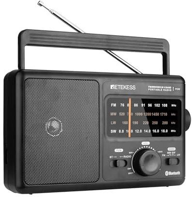 Retekess TR626 Poste Radio Portable, Radio Pile et Secteur, FM AM SW LW, Enceinte Bluetooth, Prise Casque, Salle de Bain, pour Personnes Âgées (Noir)