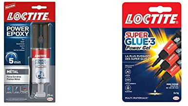 Loctite Colle Epoxy liquide spéciale Metal, Résine epoxy bi-composante couleur métal, 25 ml & Super Glue-3 Power Gel Mini dose, colle forte enrichie en caoutchouc, lot de 3 tubes 1 g
