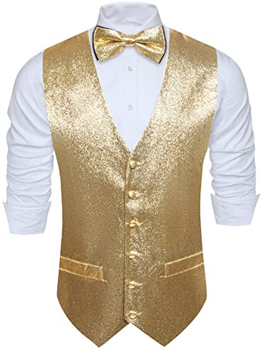 Barry.Wang Ensemble gilet à paillettes brillantes et nœud papillon pour homme, doré, S