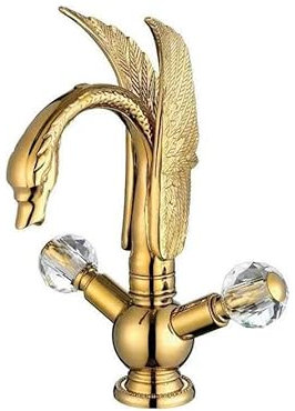 Grifo retro de lavabo bajo encimera, grifo de cristal de cisne de doble manija de un solo orificio, lavabo bajo encimera dorado
