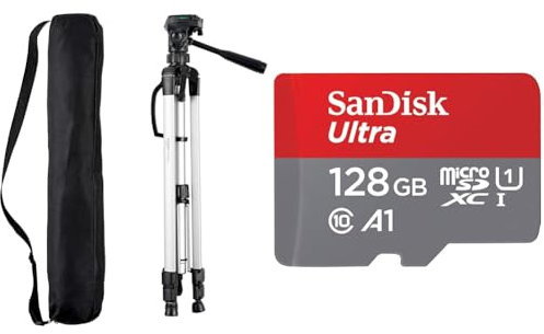 Amazon Basics 152 cm (60-Inch) Lightweight Camera, DSLR and Binocular Tripod with Bag, Black & SanDisk 128GB Ultra microSDXC card + SD adapter up to 140 MB/s with A1 App Performance UHS-I Class 10 U1