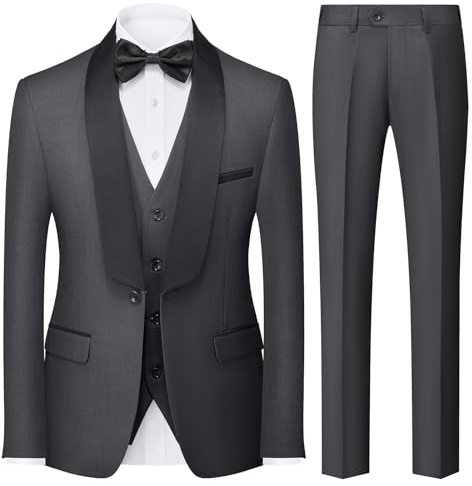 KUDORO Män kostymer 3 delar slim fit casual business smoking kostym för män klassisk blazer väst byxor set, Mörkgrått, M