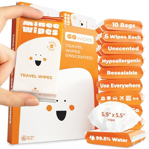 Impossibly Compact Travel Wipes - 99.5% Water - Safe for Sensitive Skin & Hypoallergenic, Resealable, Thick & Durable - For Adults, Kids & Baby Care - Unscented, 10 Pack Total 60 Wipes