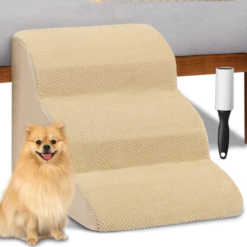 BAKAJI Échelle pour Animaux domestiques avec 3 marches et Rouleau, revêtement Amovible en Tissu côtelé, Rampe pour Chats et Chiens âgés, échelle de Rembourrage en Mousse Haute densité (Beige)