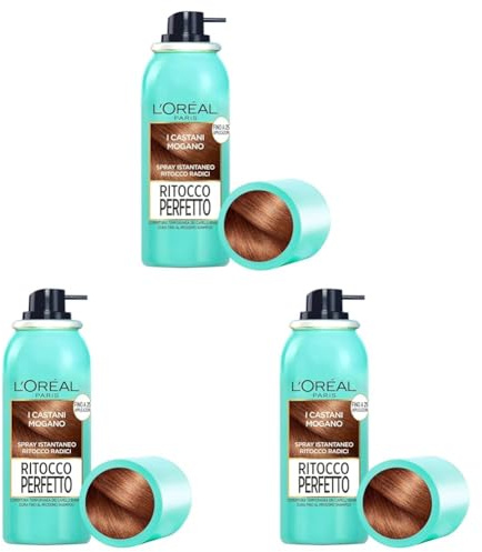 L'Oréal Paris Spray Ritocco Perfetto, Spray Istantaneo per Radici e Capelli Bianchi, Durata fino a 1 Shampoo, Colore: Castano Mogano, 75 ml (Confezione da 3)